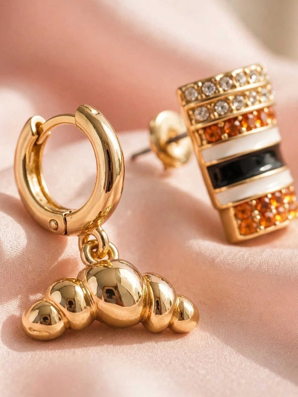 Mismatched Gold Earrings — Coffee Cup Stud + Croissant Charm Huggie Hoop